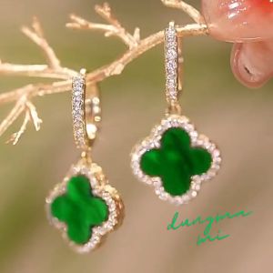 Bông tai nữ kiểu sang chảnh hình cỏ bốn lá may mắn mạ vàng 14K khảm đá zircone lấp lánh phong cách Hàn Quốc JR10