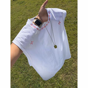 OUMULONG | Contrast Color American Embroidered Heavyweight Small Collar Tank Top