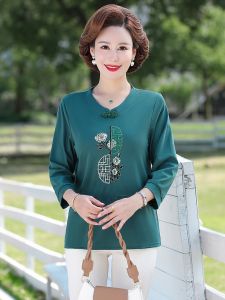 Áo Thun Cổ Tròn Tay Thường Họa Tiết Hoa Phong Cách Dân Tộc Cho Phụ Nữ Trung Niên Mùa Xuân Hè Thường Ngày Thoải Mái Rộng Rãi