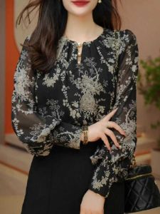 เสื้อเชิ้ตผ้าชีฟองลายดอกไม้แขนยาวทรงตรงสำหรับผู้หญิง เสื้อผ้าทำงานฤดูใบไม้ผลิและฤดูใบไม้ร่วง เสื้อคลุมกันหนาว ปกปิดหน้าท้อง