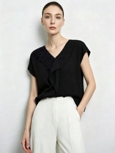 AMII | Elegant Office Style V-Neck Ruffled Lace Blouse