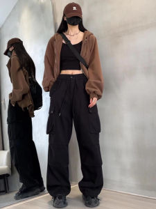 Black American Street Wide-Leg Overalls Female Early Autumn Plus Size Plus Size Ladies High Waist Cover Casual Charge Paratrooper Pants