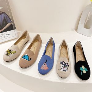 REREJOY Spring Summer New Knitted Fly Princess Shoe Breathable Flat round Head Womens Single Shoes Casual Roman Style Embroidery
