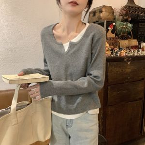 Fake Two-Piece Knitted Sweaters Womens Autumn and Winter Outer Wear Stylish Niche Korean Gentle Contrast Color Temperament Base Sweater