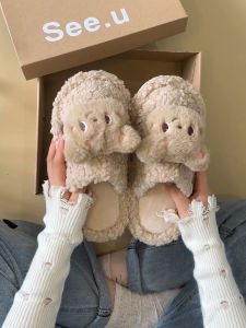 Cute Cartoon Fleece Lined Thickened Flat Bottom Warm Comfortable Slippers Womens Winter Slip on Home Cotton Slippers