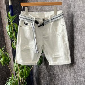 Trendy White Mens Shorts 2025 Summer New Hole Repair Slim Straight Denim Five-Point Casual No Elastic Horse Pants