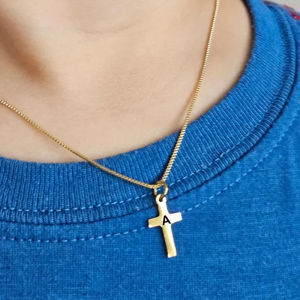 18k Gold Plated Stainless Steel Letter Cross Pendant Necklace For Boys Girls Kids Children Jewelry