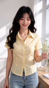 Striped Slim Short-Sleeve Shirt Casual Blouse For Women