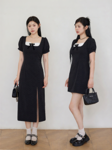 Đầm Dành Cho Người Mập TENDERNESS Với Tay Bồng Hoa Văn Đen và Nơ
