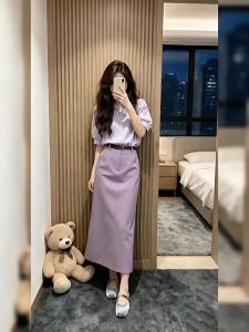 NIUVIES | Đầm Dài Phong Cách Áo Sơ Mi Tay Bồng Màu Tím Cho Nữ