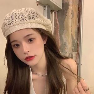 Multi Colored Summer Retro Artistic Beret Hat Women Korean Style Crochet Beret Breathable Thin Headwear Cutout Floral Beanie Cap