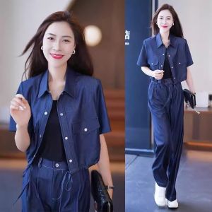 Impression Fashion Women Thin Denim Loose Short Sleeve Cinched Waist Short Blouse with Plain Wide Leg Full-length Pants 2pcs Set