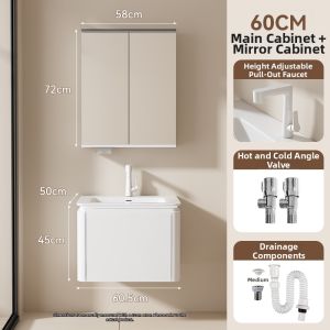 PUAOLE | Cream-colored Solid Wood Bathroom Vanity Circular Integrated Basin Intelligent Feng Shui Mirror