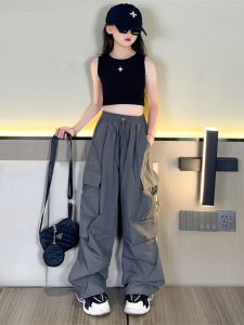 Girls Summer Thin Wide Leg Workwear Pants Spring Autumn Street Dance Set Child Fashion Korean Style Long Pants Non-Fleece