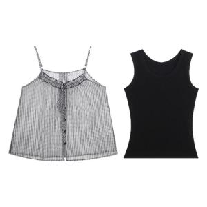 Summer Korean Style Black Checkered Sleeveless Tank Top Set for Outerwear or Layering