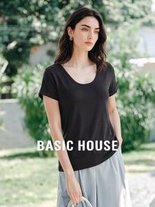 Basic House | Black U-Neck Short-Sleeve Ladies Slimming T-Shirt