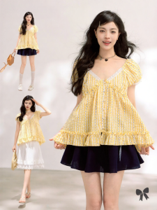 KEIKO | Lace V-neck Bubble Sleeve Gingham Shirt