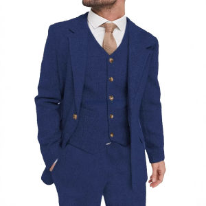 3 Piece Dark Blue Wool Tweed Winter Men Suits For Wedding Business Herringbone Male Formal Groom Tuxedo Fashion Men Suits Set