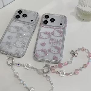 Sanrio | Cartoon Shining Diamond Sanrio Hello Kitty Chain Phone Case For iphone 17 16 15 14 Pro Max 13 Cute Shockproof Cover For Girl