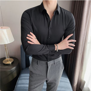 Summer Short Sleeve Shirt Mens Slim-Fitting Iron-Free Bottoming Shirt Work Clothes Pure Color Ice Silk Leisure Half Sleeve Shirt Ruffle Handsome Stylish