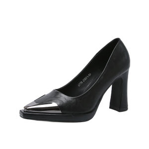 Comfortable Metal Heel Womens Fashion Single Shoes Chunky Work Shoes Spring 2025 Sharp Pointed Toe High Heels Soft Leather