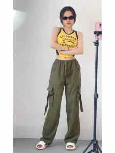 Celana Kerja Hijau Militer Ala Amerika Wanita 2025 Pinggang Tinggi Longgar Menyamarkan Tubuh Cepat Kering Celana Panjang Olahraga dan Kasual