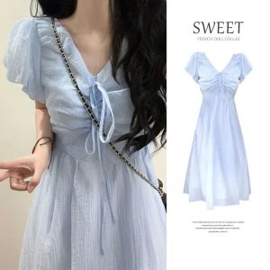 IELGY Dress Female Sweet Blue V-Neck Puff Sleeve Chiffon Summer Fashion