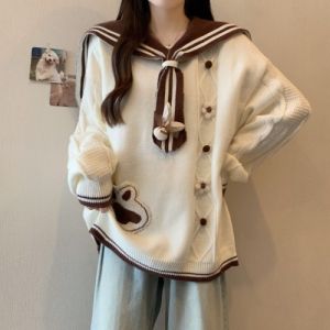 Áo Len Dệt Kim Màu Nâu Khuy Tròn Cổ Thuyền Dài Vừa Phải Cho Nữ Mùa Thu Đông Thường Ngày Thoải Mái Bằng Vải Polyester