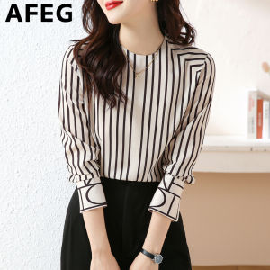 AFEG new Korean version round neck fashion loose all-match striped chiffon long-sleeved blouse for women