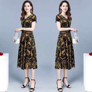 Summer New Fashion Floral Print Midi Dress Loose Slimming Womens Clothing plus Size Mommy Dresses High Waist A-Line Skirts