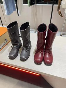 Vintage Butterfly Knot Mid-Calf Boots Womens Loose Fashion Boots Belt Buckle Design European Style Leather Upper Rubber Sole