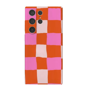Potdemiel | Pink & Orange Gingham Phone Case for Samsung Galaxy S25/S24/S23 Ultra/Plus A35/A55 Glossy HD Hard Cover Film Shell