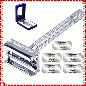 ความปลอดภัยสองด้านสแตนเลสสตีลคู่มือมีดโกนเทปป้องกันการลื่นไถลที่แข็งแกร่งจับผีเสื้อเปลี่ยนมีดอย่างรวดเร็ว แถมใบมีดโกน 5 ใบ