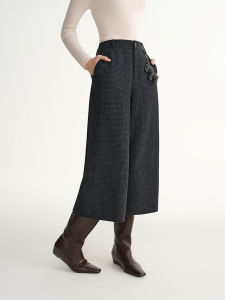 DUSHU | Grey Plaid Wool Blend High Waist Wide-Leg Trousers 7/8