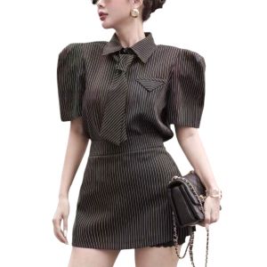 P014-061 PIMNADACLOSET - Short Sleeve Collar Button Front Twill Stripe Top And High Waist Mini Skirt With Neck Tie Set