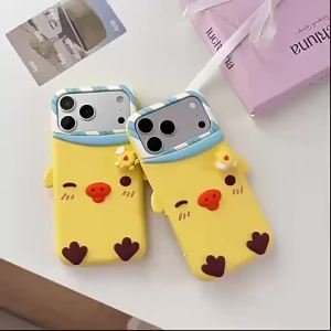 EOENKK | 3D Cartoon Rotatable Chicken Silicone Phone Case For iPhone 12 13 14 15 16 17 Pro Max 16 Plus Shockproof iPhone 17Pro Back Cover
