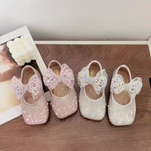 Bayi Perempuan Ikatan Simpul Kasut Tunggal Kristal Mutiara Musim Bunga Musim Bunga Kasut Puteri Berlian Buatan Perempuan Baharu Kaki Persegi Kasut Kulit Kecil
