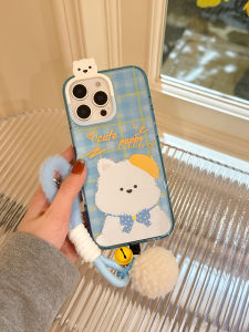 Blue Plaid Dog 16Pro Max Phone Case Suitable for Apple 15Pro Anti-Fall iPhone 14Pro Womens Style 16 Stereo Lens 15 No Collision 14 New Model 13 Soft Shell