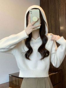 เสื้อสเวตเตอร์ถักมีฮู้ดสำหรับผู้หญิง ฤดูใบไม้ร่วง 2025 ใหม่ สไตล์นักศึกษาเกาหลี ลำลอง ลดอายุ แฟชั่น เสื้อสเวตเตอร์ถัก