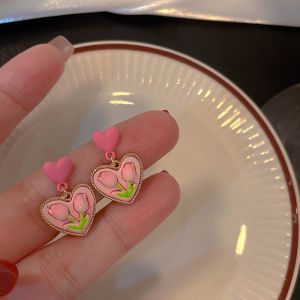 2 Pcs Pink Love Heart Flowers Tulip Earrings Women Delicate Earrings New Trendy Earring Jewelry Accessories Earrings Stud