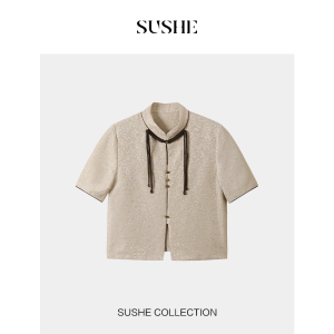 SUSHE | Luxurious and Refined Textured Lace Spun Linen Handmade 5/8 Sleeve Mandarin Collar Cropped Jacket
