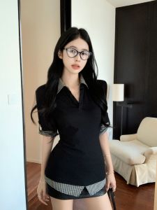 Black Pattern Patchwork Polo Collar Half Sleeve T-shirt Female Summer Preppy Style Stylish Niche Style Fake Two Pieces Shirts Tops