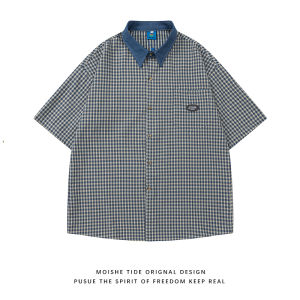 เสื้อเชิ้ตแขนสั้นลายสก็อตสีบล็อกสไตล์ย้อนยุคสำหรับฤดูร้อน ทรงหลวม ลำลอง สำหรับผู้ชาย ผ้าฝ้ายผสมโพลีเอสเตอร์ ทรงปกติ