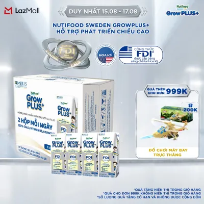 Sữa Bột Pha Sẵn Nutifood Sweden GrowPLUS+ Cao lớn vượt trội - Hỗ trợ phát triển chiều cao hộp 180 ml (24 hộp x 180ml)
