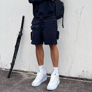 American Retro Cargo Short Pants Mens Summer Casual Black Five-Point Multpocket Workwear Shorts Loose Fit mid Waist Straight Leg