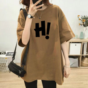Brown Pure Cotton Shoulder Short-Sleeved T-shirt Womens Summer New Arrival Mid Length Long Length Loose Slim Looking Plus Size below the Hip Tops Ins Fashion