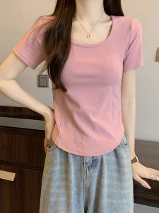 Áo Thun Nữ Cỡ Lớn Không Đều Vai Mùa Hè Cổ Chữ U Tay Ngắn Che Bụng Thon Gọn Độc Đáo Đẹp Dáng Ôm Vừa Vặn Chất Liệu Cotton Pha Trộn