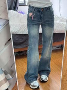 Extended Length Loose Fit Straight Leg Jeans Womens Micro Flared Jeans Casual Low Waist Zipper Closure Anti-Wrinkle Denim