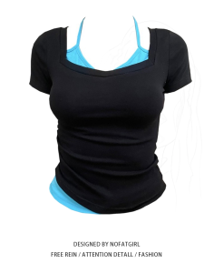 plus Size Womens Short Sleeve T-Shirt Neck Hanging False Two-Piece Slim Fit Design Sensation Black Summer Top Trendy Hot Girl