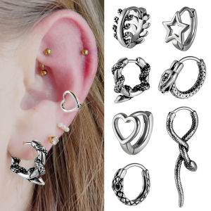 2-1PCS Stainless Steel Punk Snake/Heart Shape Hoop Earrings For Women Ear Piercing Circle Septum Clicker Nose Ring Jewelry